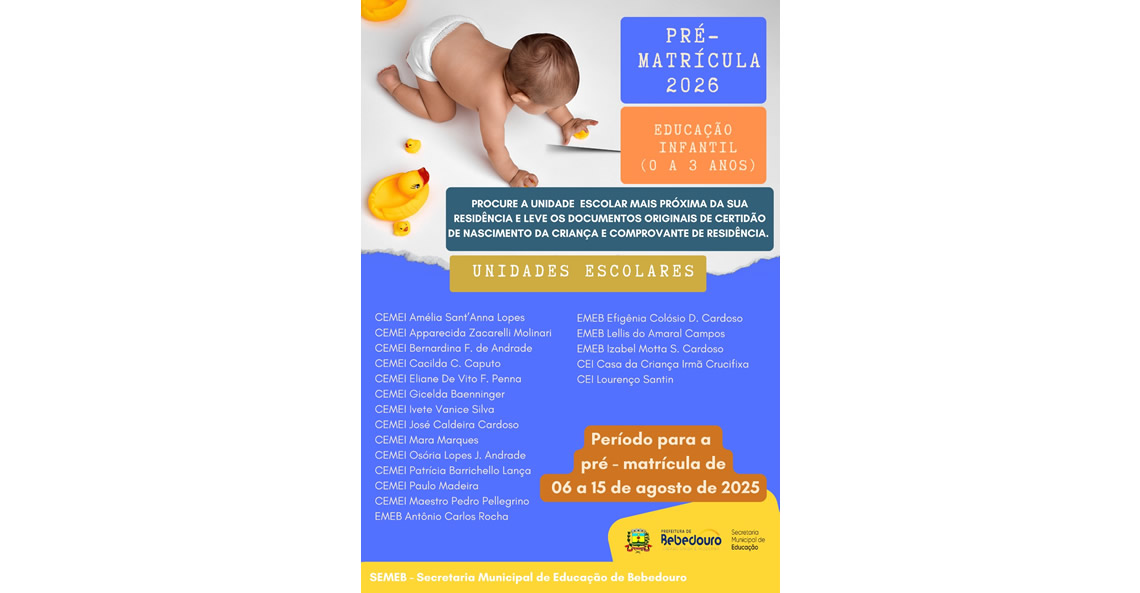 SEMEB abre chamada pública para matrícula de crianças de 0 a 3 anos na Educação Infantil